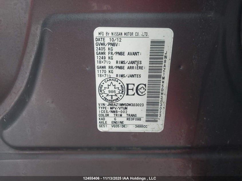 2013 Nissan Murano S/Sl/Le VIN: JN8AZ1MW5DW303023 Lot: 12455406