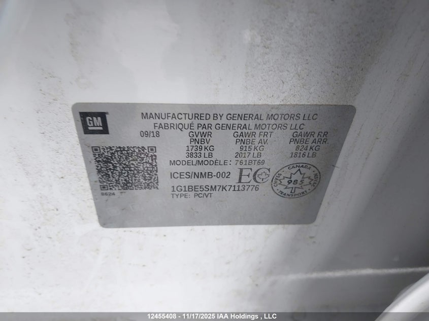 2019 Chevrolet Cruze Lt VIN: 1G1BE5SM7K7113776 Lot: 12455408