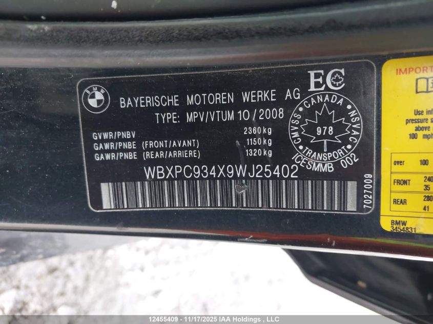 2009 BMW X3 xDrive30I VIN: WBXPC934X9WJ25402 Lot: 12455409