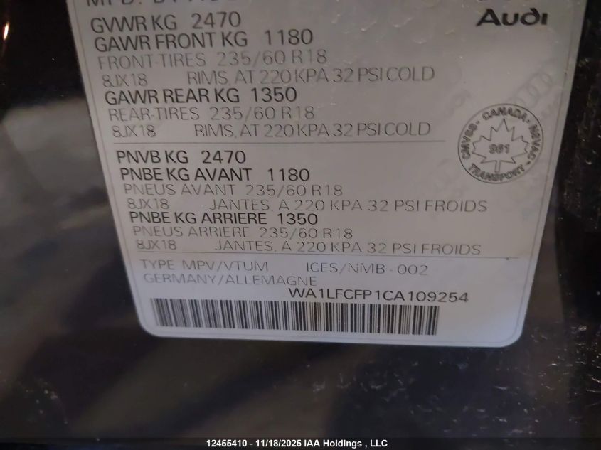 2012 Audi Q5 VIN: WA1LFCFP1CA109254 Lot: 12455410