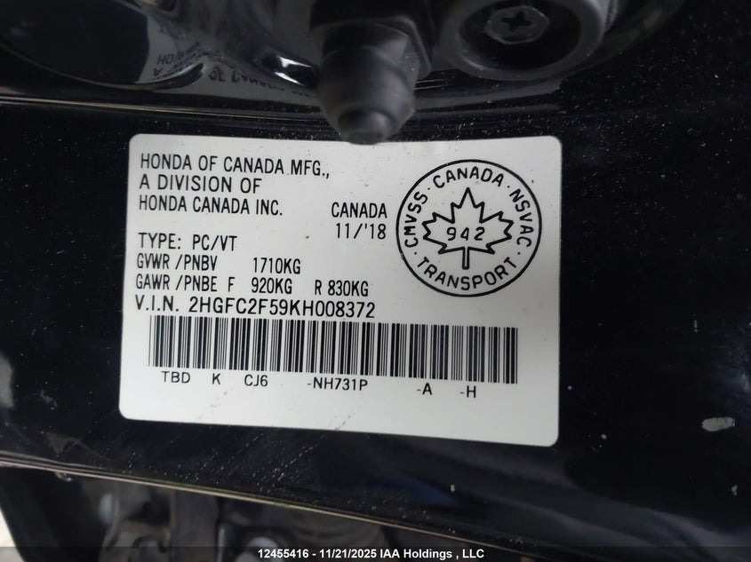 2HGFC2F59KH008372 2019 HONDA CIVIC photo no. 9