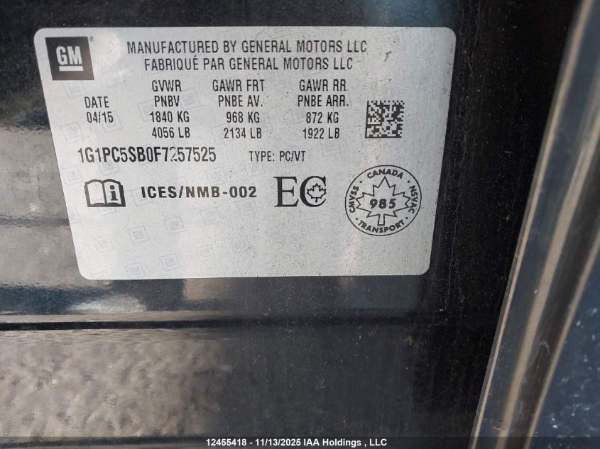 2015 Chevrolet Cruze Lt VIN: 1G1PC5SB0F7257525 Lot: 12455418