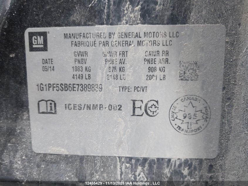 2014 Chevrolet Cruze VIN: 1G1PF5SB6E7389839 Lot: 12455429