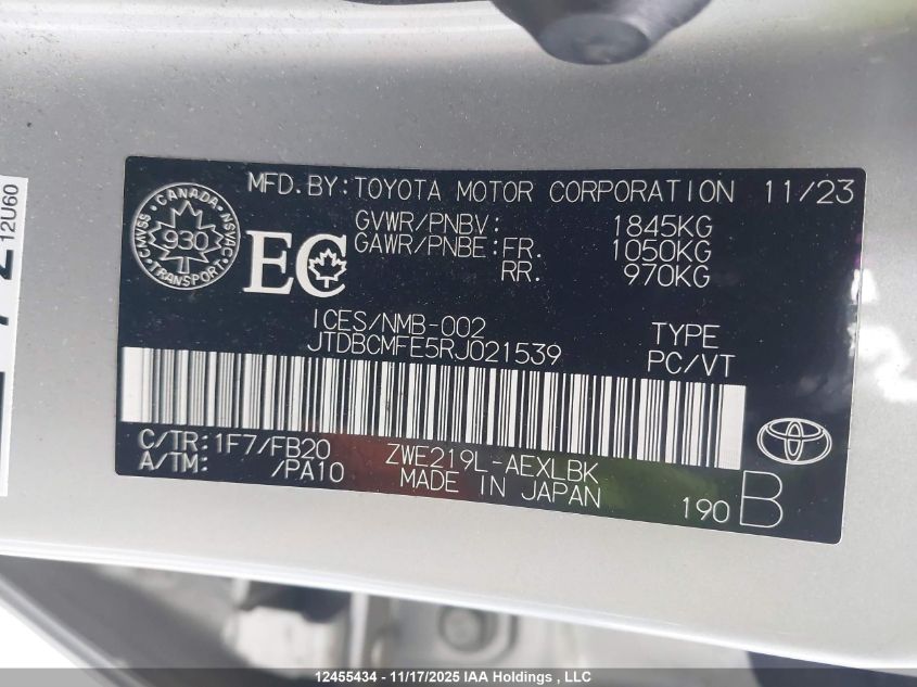 2024 Toyota Corolla Le/Se/Xle/Night Shade VIN: JTDBCMFE5RJ021539 Lot: 12455434