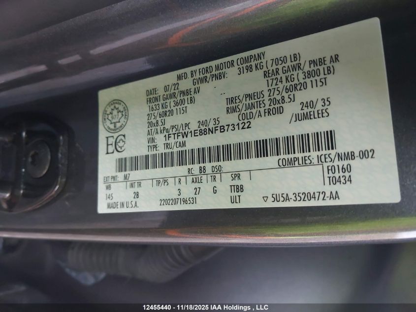 2022 Ford F-150 Lariat VIN: 1FTFW1E88NFB73122 Lot: 12455440