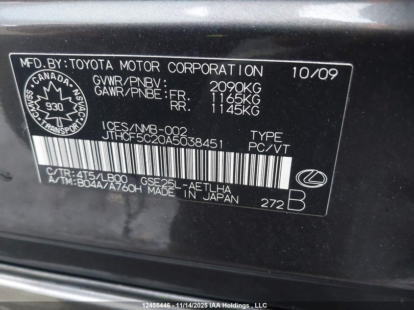 JTHCF5C20A5038451 2010 LEXUS IS photo no. 9