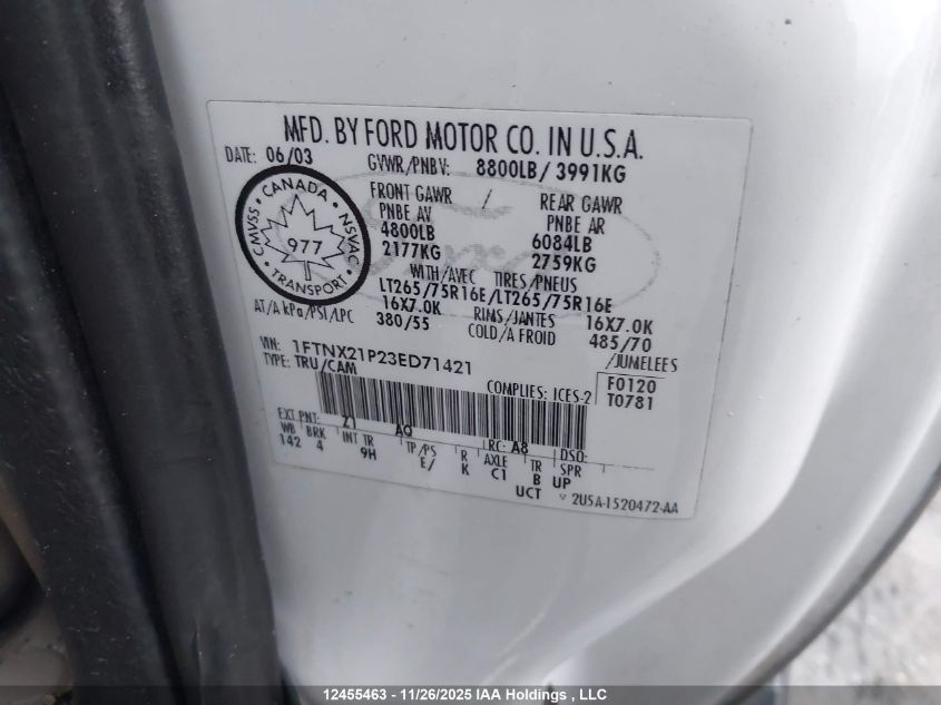 2003 Ford F-250 Lariat/Xl/Xlt VIN: 1FTNX21P23ED71421 Lot: 12455463