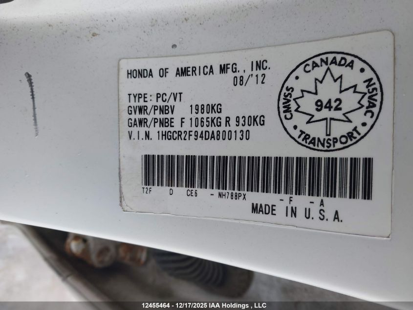 2013 Honda Accord Touring VIN: 1HGCR2F94DA800130 Lot: 12455464