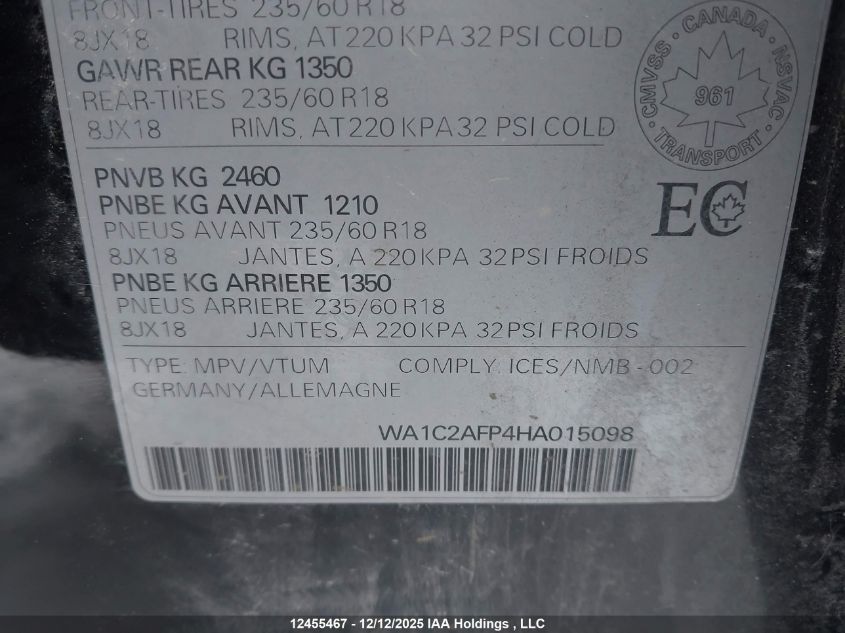 2017 Audi Q5 2.0T Komfort VIN: WA1C2AFP4HA015098 Lot: 12455467