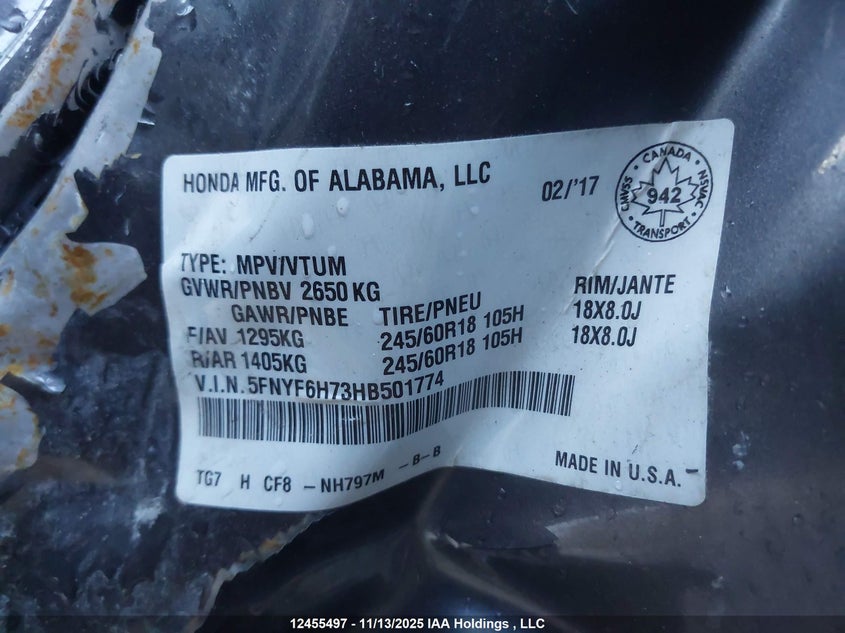 5FNYF6H73HB501774 2017 HONDA PILOT photo no. 9