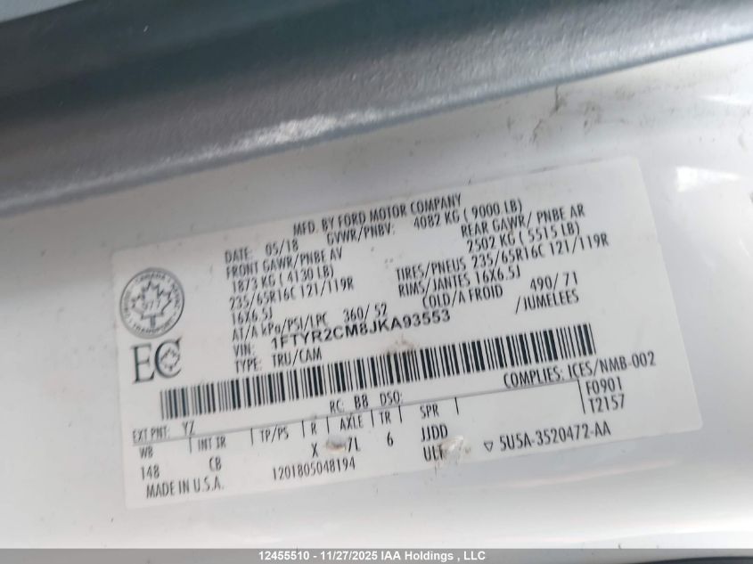 2018 Ford Transit-250 VIN: 1FTYR2CM8JKA93553 Lot: 12455510
