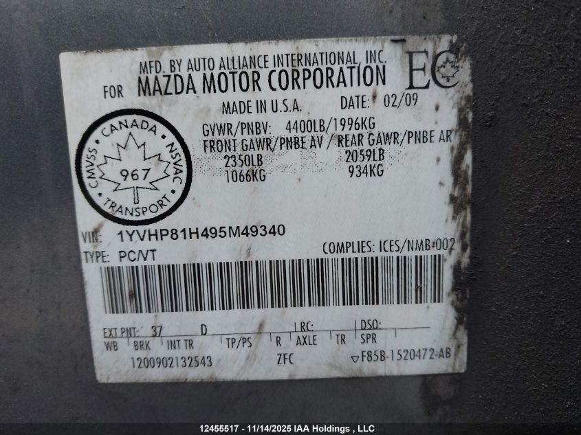 2009 Mazda 6 I VIN: 1YVHP81H495M49340 Lot: 12455517