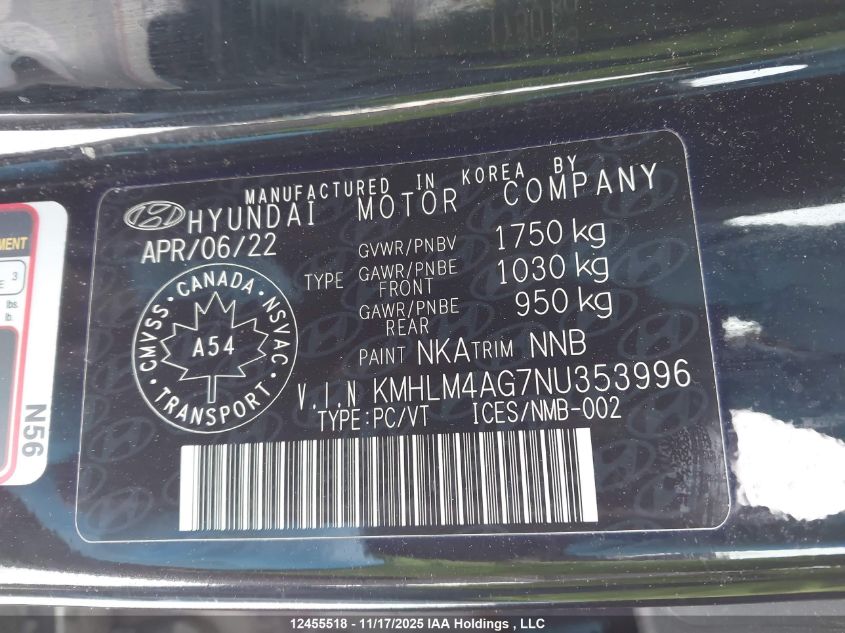 2022 Hyundai Elantra Sel VIN: KMHLM4AG7NU353996 Lot: 12455518