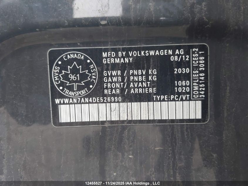 2013 Volkswagen Cc Sport VIN: WVWAN7AN4DE526990 Lot: 12455527