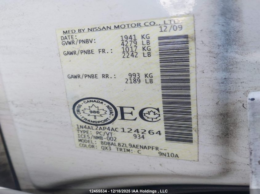 2010 Nissan Altima VIN: 1N4AL2AP4AC124264 Lot: 12455534