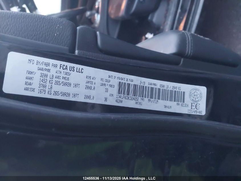 2019 Jeep Grand Cherokee Laredo VIN: 1C4RJFAG3KC694252 Lot: 12455536