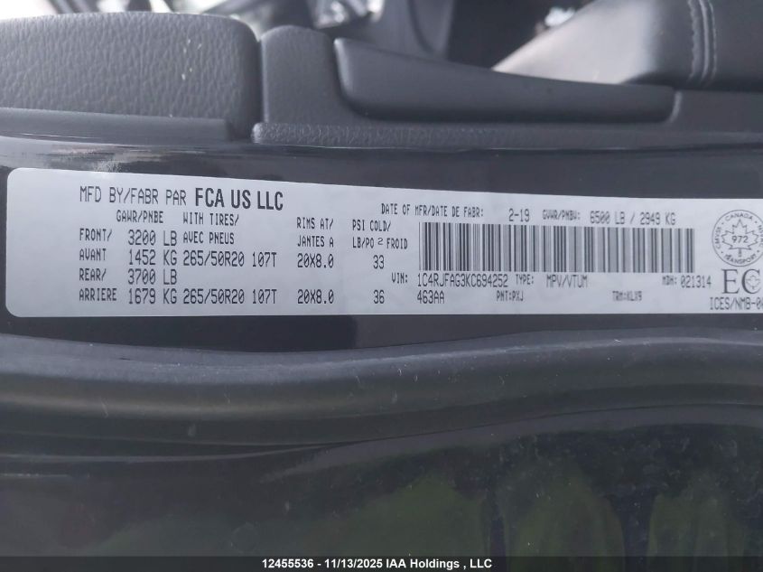 2019 Jeep Grand Cherokee Laredo VIN: 1C4RJFAG3KC694252 Lot: 12455536