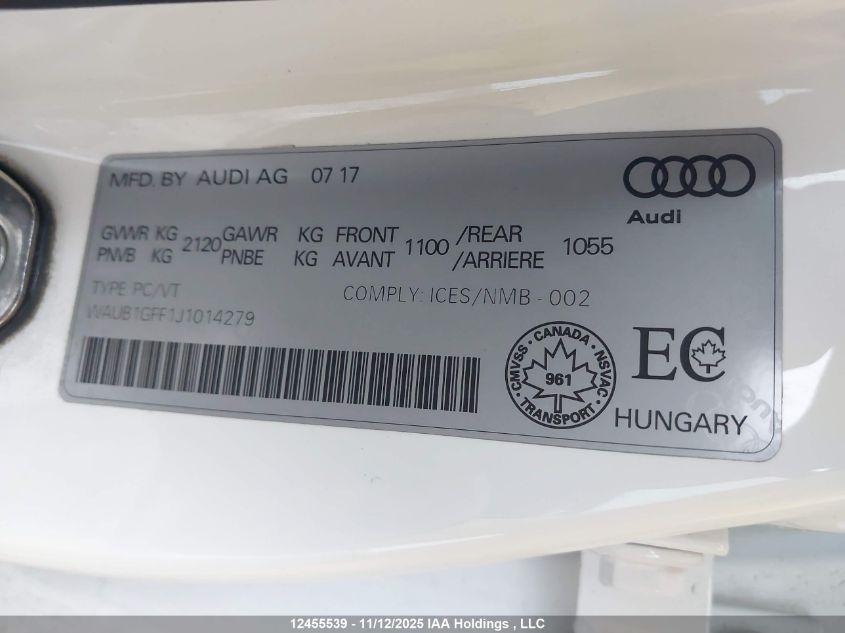 2018 Audi S3 Premium Plus VIN: WAUB1GFF1J1014279 Lot: 12455539