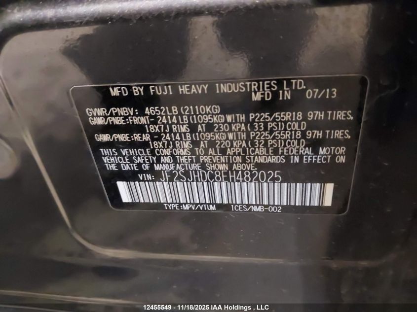 2014 Subaru Forester VIN: JF2SJHDC8EH482025 Lot: 12455549
