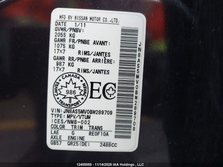 2011 Nissan Rogue VIN: JN8AS5MV0BW289709 Lot: 12455555