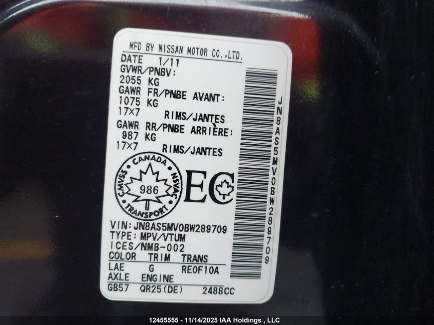 2011 Nissan Rogue VIN: JN8AS5MV0BW289709 Lot: 12455555