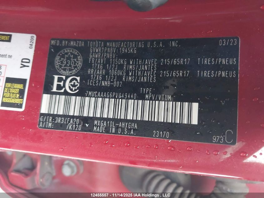 2023 Toyota Corolla Cross Le VIN: 7MUCAAAG6PV049440 Lot: 12455557