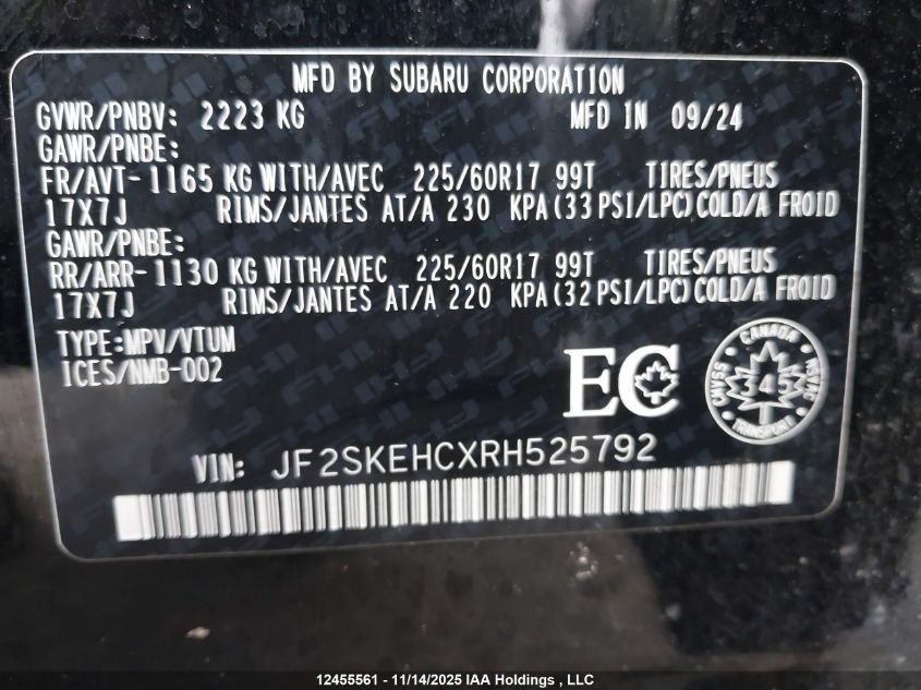 2024 Subaru Forester Sport/Wilderness VIN: JF2SKEHCXRH525792 Lot: 12455561