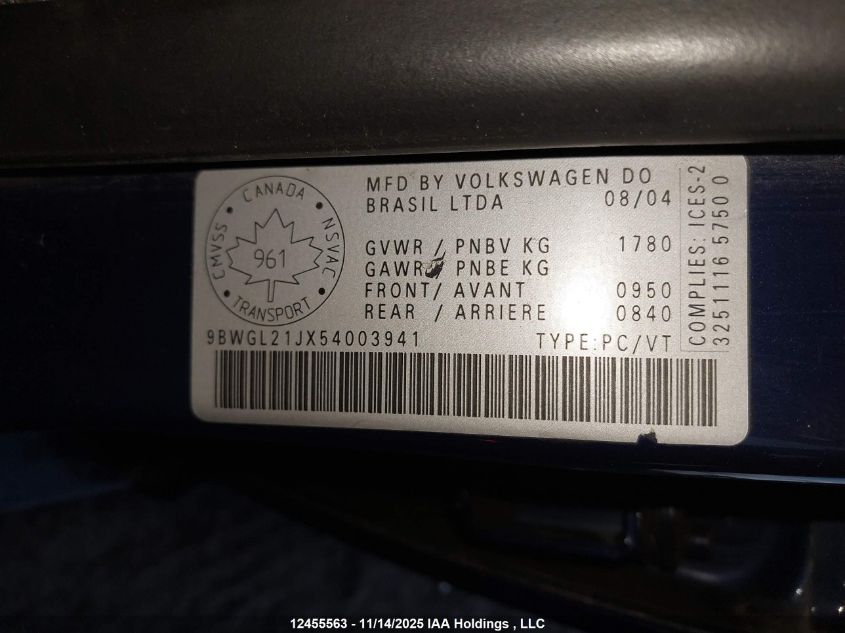 2005 Volkswagen Golf Gls VIN: 9BWGL21JX54003941 Lot: 12455563