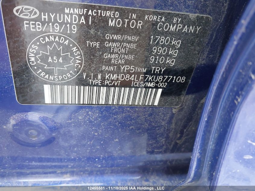 2019 Hyundai Elantra Preferred VIN: KMHD84LF7KU877108 Lot: 12455581