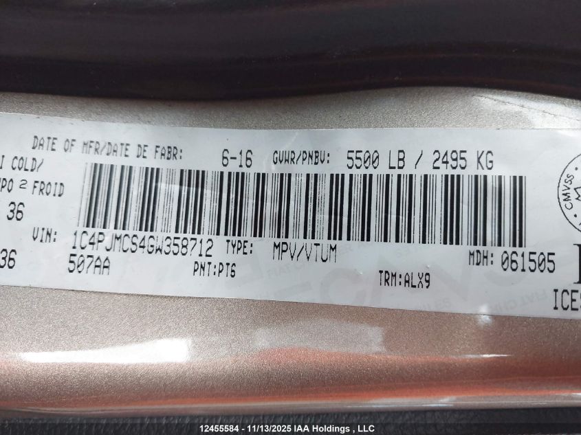 2016 Jeep Cherokee North VIN: 1C4PJMCS4GW358712 Lot: 12455584