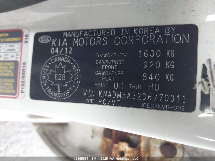 2013 Kia Rio Ex/Lx/Lx+/Sx VIN: KNADM5A32D6770311 Lot: 12455587