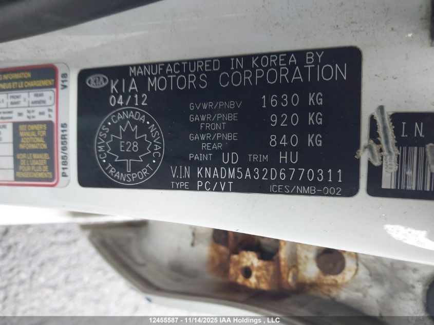 2013 Kia Rio Ex/Lx/Lx+/Sx VIN: KNADM5A32D6770311 Lot: 12455587