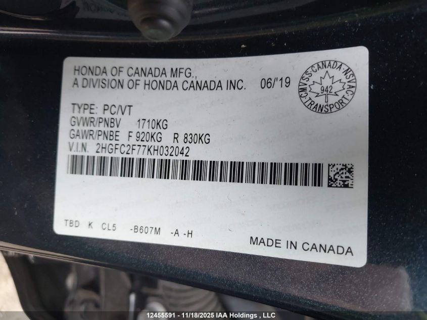 2019 Honda Civic VIN: 2HGFC2F77KH032042 Lot: 12455591