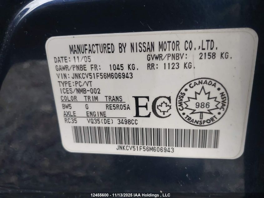 2006 Infiniti G35 VIN: JNKCV51F56M606943 Lot: 12455600