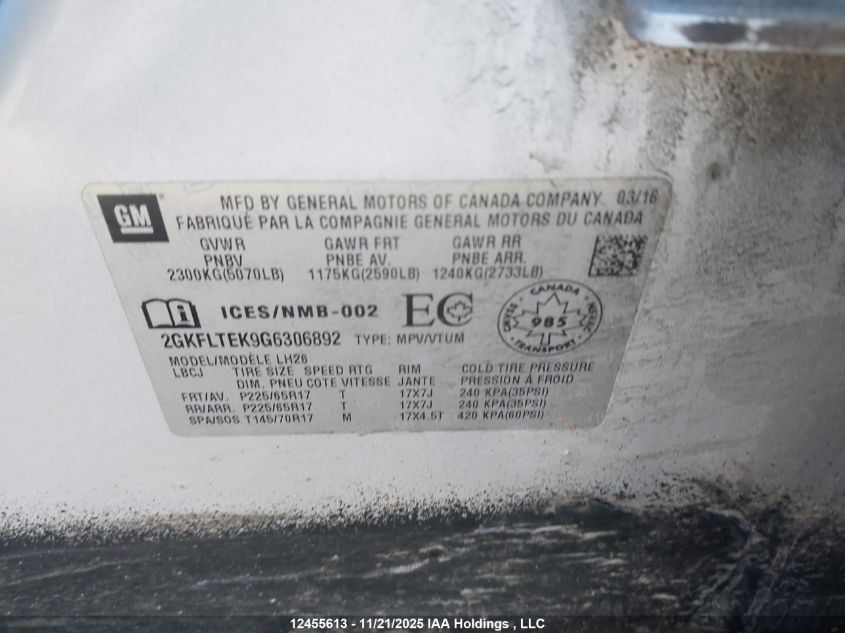 2016 GMC Terrain Sle VIN: 2GKFLTEK9G6306892 Lot: 12455613