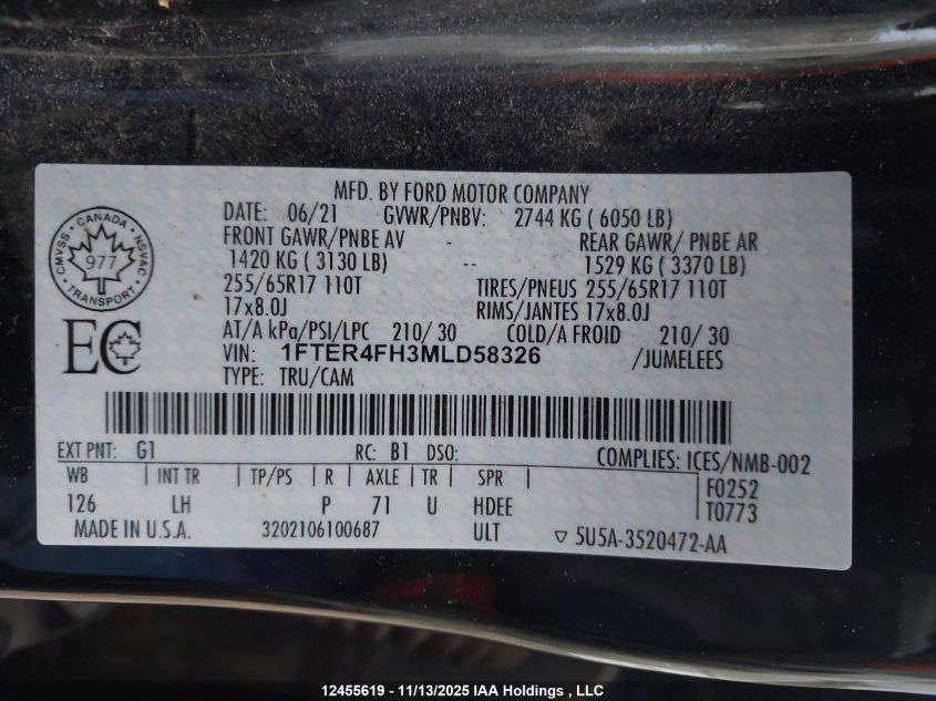 2021 Ford Ranger Xlt VIN: 1FTER4FH3MLD58326 Lot: 12455619