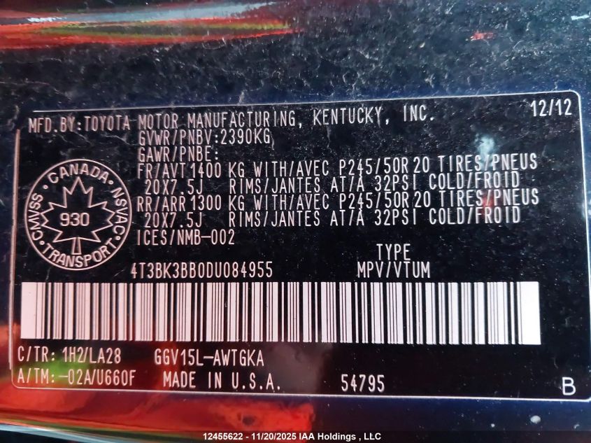 2013 Toyota Venza Base V6 VIN: 4T3BK3BB0DU084955 Lot: 12455622