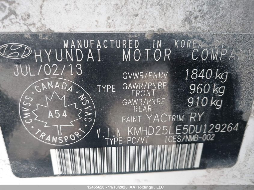 2013 Hyundai Elantra Gt Gl VIN: KMHD25LE5DU129264 Lot: 12455628