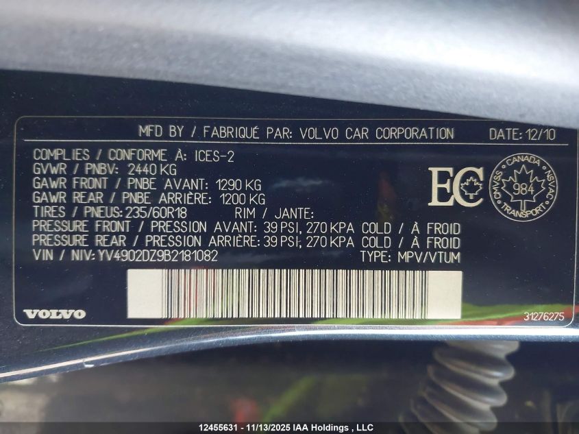 2011 Volvo Xc60 T6 T6 VIN: YV4902DZ9B2181082 Lot: 12455631