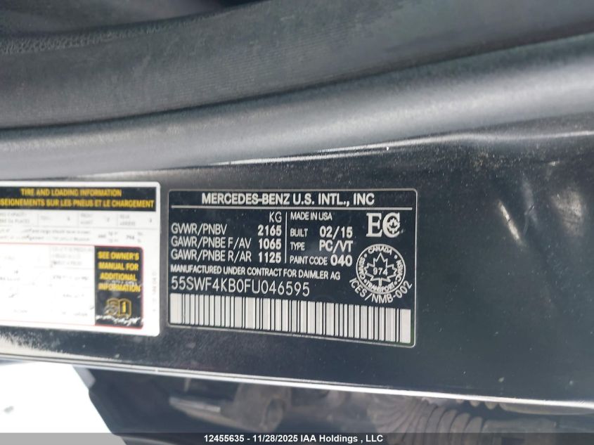 2015 Mercedes-Benz C 300 4Matic VIN: 55SWF4KB0FU046595 Lot: 12455635