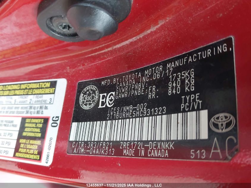 2017 Toyota Corolla Le VIN: 2T1BURHE5HC931323 Lot: 12455637
