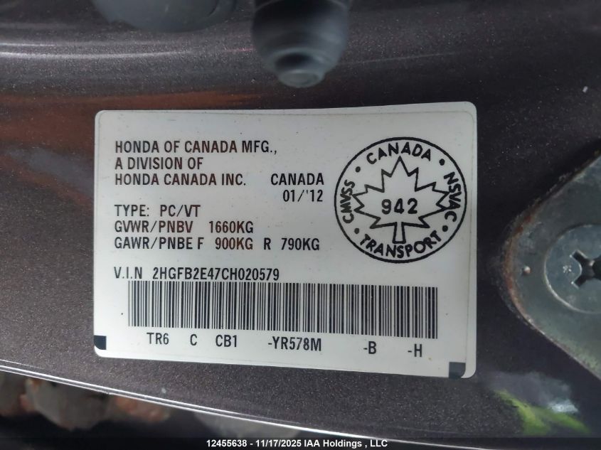 2012 Honda Civic VIN: 2HGFB2E47CH020579 Lot: 12455638