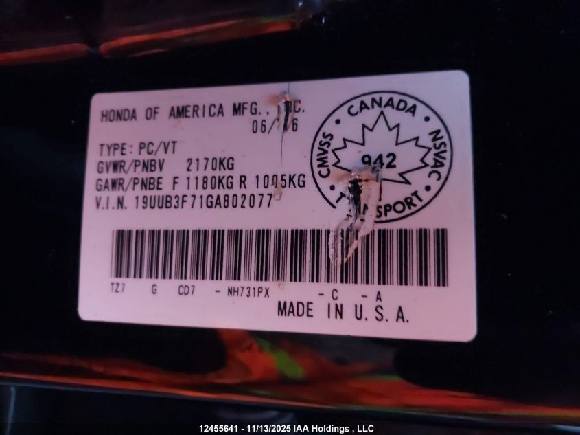 2016 Acura Tlx Advance VIN: 19UUB3F71GA802077 Lot: 12455641