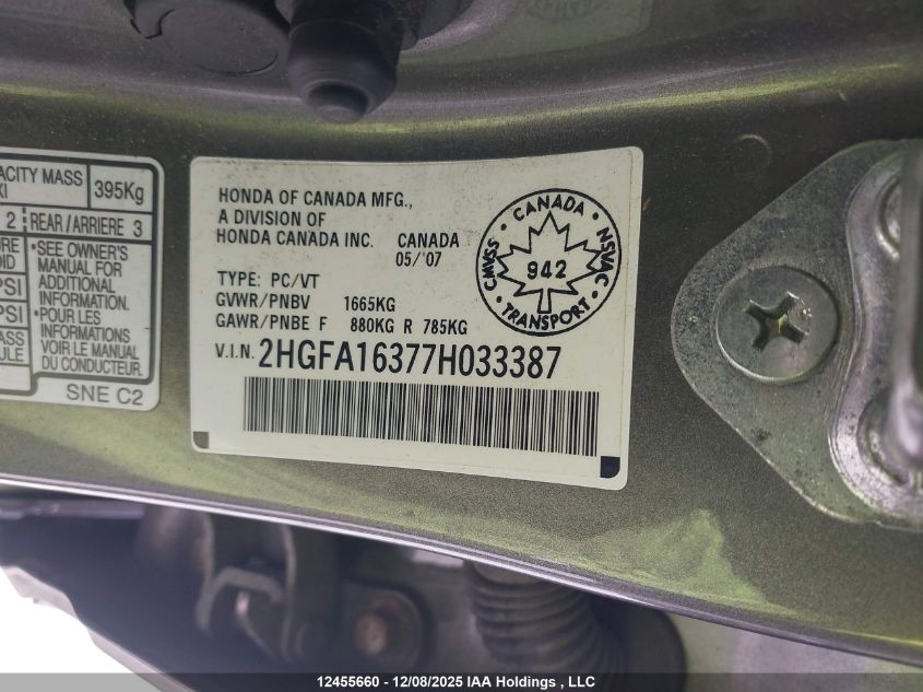 2007 Honda Civic Dx VIN: 2HGFA16377H033387 Lot: 12455660