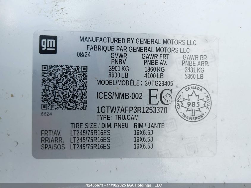2024 GMC GMC VIN: 1GTW7AFP3R1253370 Lot: 12455673
