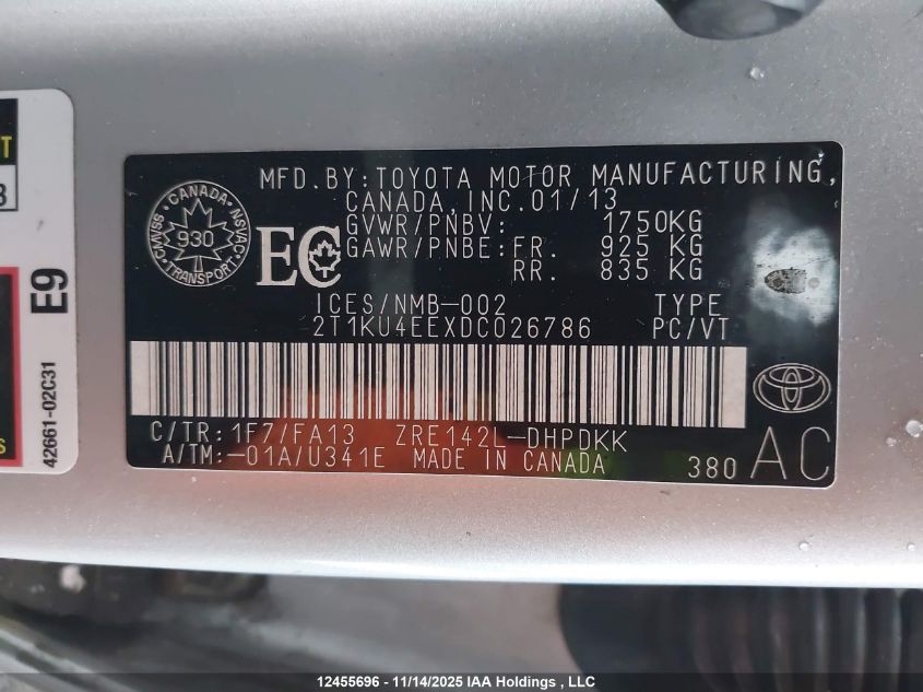 2013 Toyota Matrix VIN: 2T1KU4EEXDC026786 Lot: 12455696