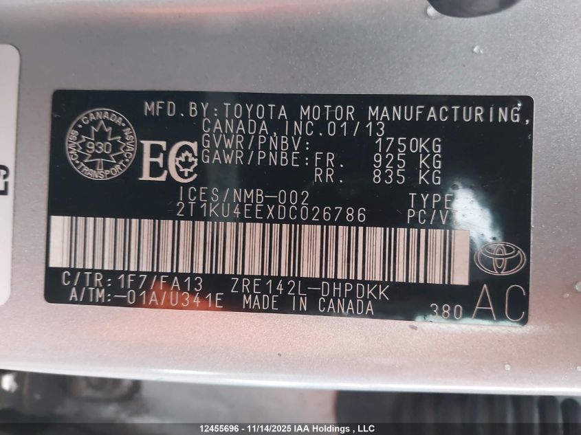 2013 Toyota Matrix VIN: 2T1KU4EEXDC026786 Lot: 12455696