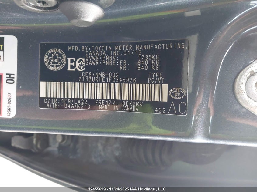 2015 Toyota Corolla S VIN: 2T1BURHE1FC345926 Lot: 12455699