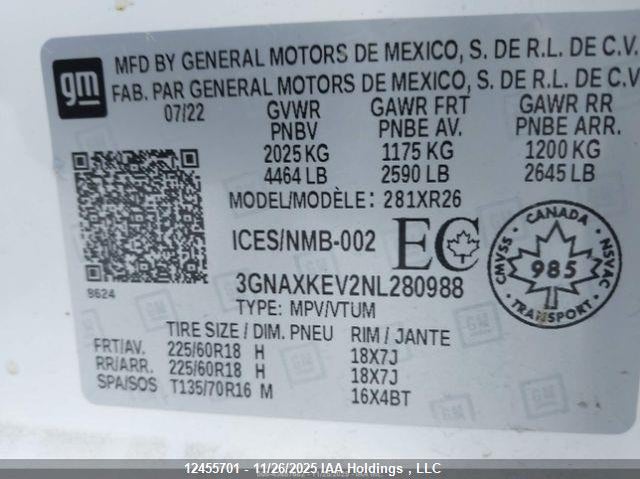 2022 Chevrolet Equinox Lt VIN: 3GNAXKEV2NL280988 Lot: 12455701