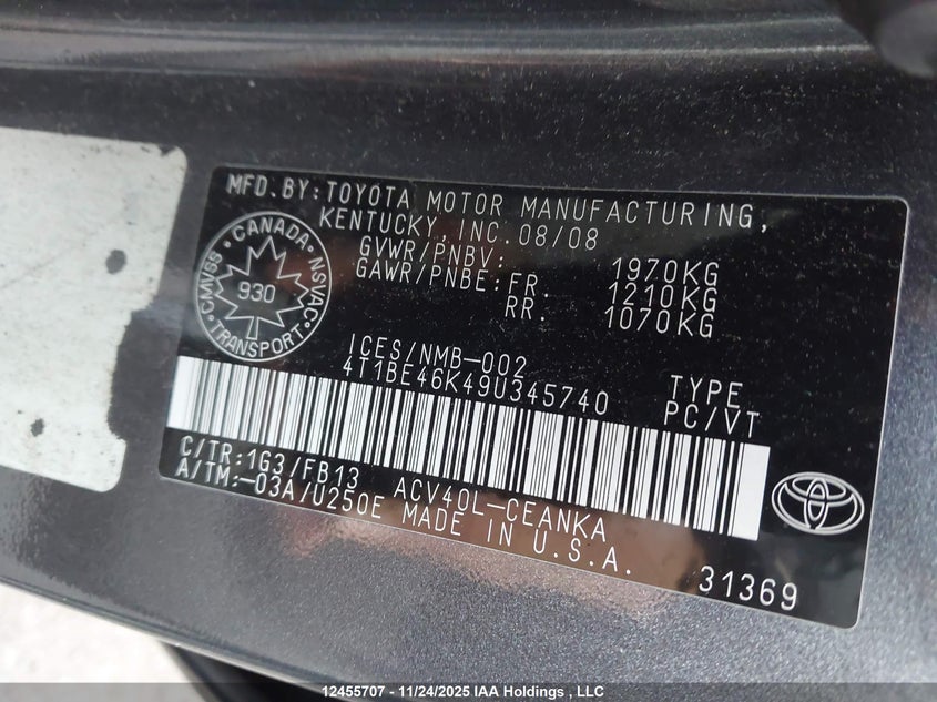 2009 Toyota Camry Le VIN: 4T1BE46K49U345740 Lot: 12455707